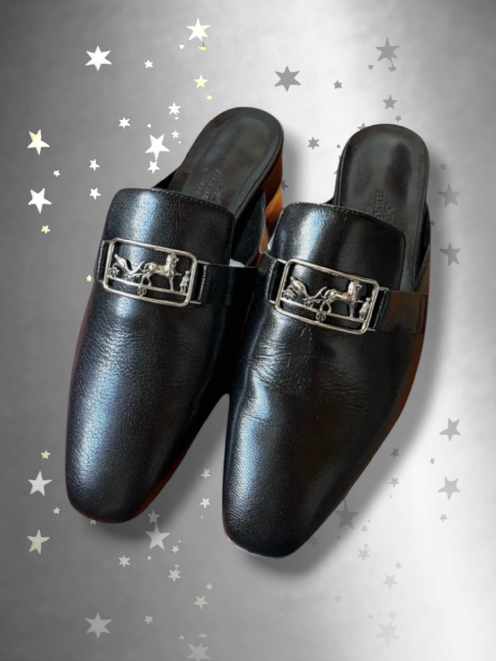 🆕💞HERMES Mules Flats Black Goatskin Leather Palladium-Plated Buckle, 36.5EU, NWT